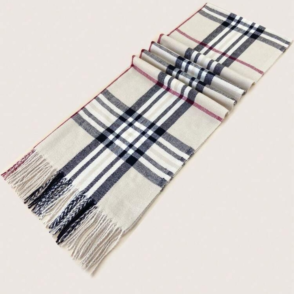 Plaid Fringe Scarf - Cream, Black, Red - Picture 3 of 8
